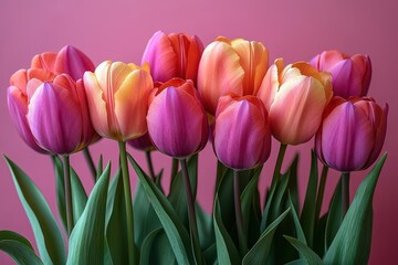 Fototapeta premium a vibrant display of spring tulips arranged on a soft pink surface celebrating femininity and renewal perfect for a cheerful greeting or sale banner