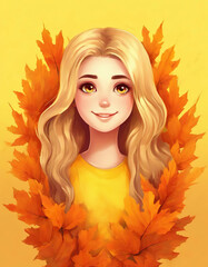 girl with long blond hair. autumn yellow leaves. seasonal card.
