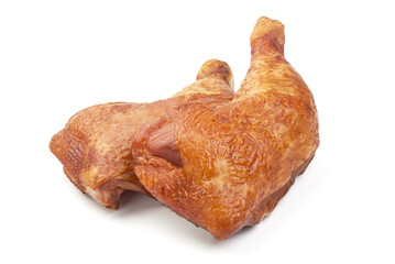 Smoked chicken quarters, isolated on white background.