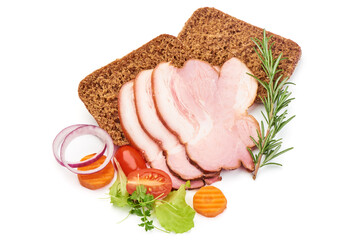 Smoked pork loin slices, isolated on white background. High resolution image.