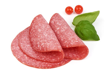 Traditional salami smoked sausage, isolated on white background. High resolution image.