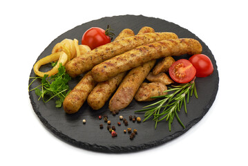 Grilled pork sausages, cooked sausages bbq, isolated on white background.
