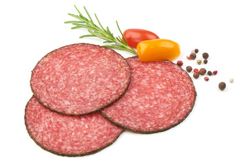 Peppered salami slices, isolated on white background.