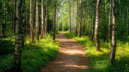 Fototapeta premium Nature trail and hiking path in forest. Forest scene with hiking path, straight trail through forest