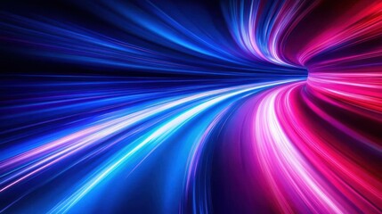 Futuristic abstract light trails in vibrant blue and red streaking through space tunnel