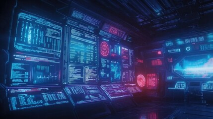 Fototapeta premium Futuristic control room with digital screens displaying data in a dimly lit environment
