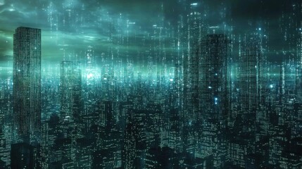 Obraz premium Futuristic digital cityscape featuring towering skyscrapers illuminated in green under cloudy skies