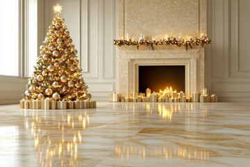 Fototapeta premium Elegant golden Christmas tree decorated with shiny baubles standing next to a fireplace surrounded by lit candles in a luxurious living room creating a warm holiday ambiance