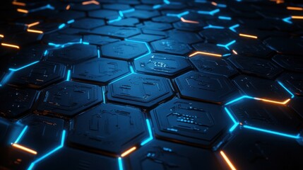 Obraz premium Futuristic hexagonal pattern with glowing blue and orange lines in dark digital landscape