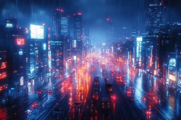 Fototapeta premium a vibrant abstract cityscape at night merges with digital elements representing smart city innovation and the transformation of urban life with luminous colors