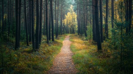 Fototapeta premium Nature trail and hiking path in forest. Forest scene with hiking path, straight trail through forest