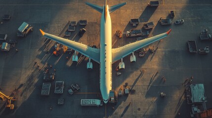 Aerial view of an airplane on the tarmac surrounded by luggage and vehicles, showcasing airport activity during a sunny day.