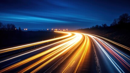 Long exposure of highway lights on empty road at night