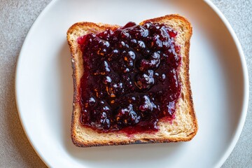 blueberry jam spread on single piece of toast on a plate, close up