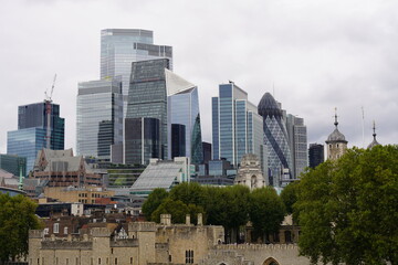 London financial district cityscape, London Architecture, London Skyline, Office Buildings, England United Kingdom Britain, Aerial panoramic view of The City of London cityscape Urban skyline