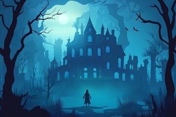 Mysterious Silhouette of a Man in a Top Hat Standing Before a Haunted Castle in the Moonlight.