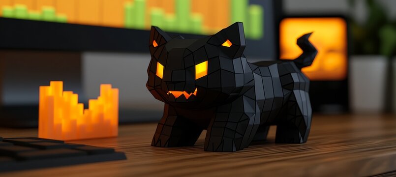 Low Poly Cat Figurine With Glowing Eyes. Modern Minimalist Home Decor. 3D Geometric Polygon Animal. - Powered by Adobe