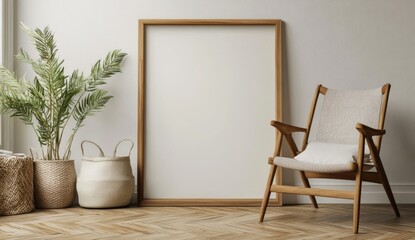 Minimalist living room with a wooden chair and a blank frame. .