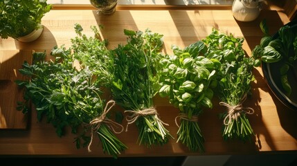 Fototapeta premium Fresh herbs arranged in bunches on a wooden surface, illuminated by natural light, creating a vibrant, healthy kitchen atmosphere.