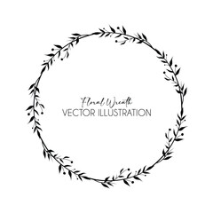 vector hand drawn floral wreath, round frame with leaves, decorative design element, illustration