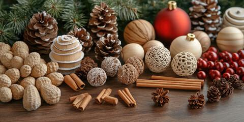 Cinnamon sticks, pine cones and christmas baubles are lying on a wooden surface. Fir tree branches are completing this christmas arrangement