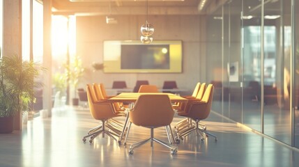 A modern conference room with stylish furniture and large windows, illuminated by warm sunlight, creating a professional and inviting atmosphere.
