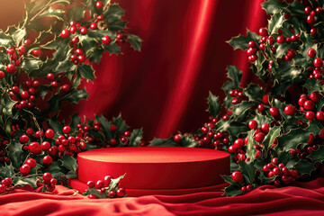 Red podium with holly branches for placing christmas products on a red velvet background. Perfect for showcasing christmas products