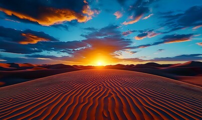 Naklejka premium Glowing Sunset Over Desert Landscape, Vibrant hues illuminate vast dunes, casting long shadows, evoking serenity and awe in a tranquil setting.