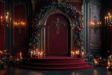 Empty red podium with Christmas arch in the background. Perfect for showcasing your product this festive Christmas season.