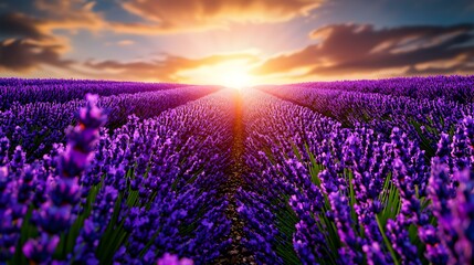 Fototapeta premium Serene Meditation Oasis, a tranquil space surrounded by vibrant lavender fields, inviting deep reflection and peacefulness in nature.