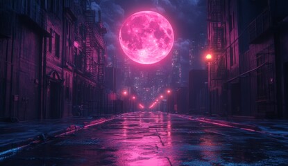 Pink moon casts glow on wet city street. .