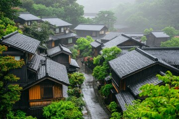Traditional Japanese Village, Enchanting Houses with Black Tile Roofs, Misty Rainy Atmosphere.