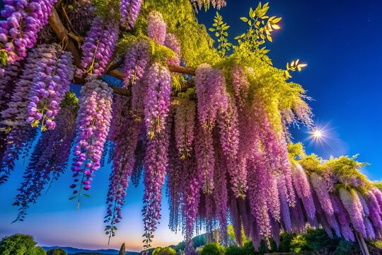Gorgeous flowering wisteria adorns the scene, showcasing vibrant purple blooms that contrast beautifully with the clear