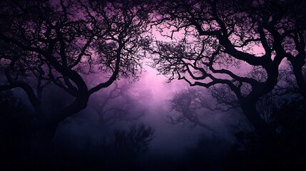 Creepy Forest Scene A dark silhouette of twisted trees on a gradient black to purple background