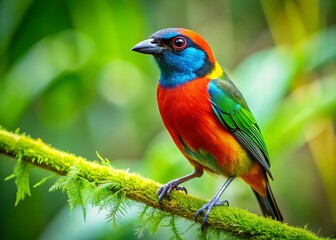 Obraz premium In a lush environment, a striking Platycercus Eximius bird perches gracefully on a branch, framed by rich green