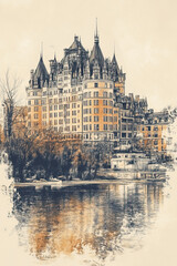 Obraz premium Gatineau, Canada, color pen pencil hand-drawn effect drawing illustration for travel poster, card, wallpaper, backdrop or banner. Modern, clear, artistic and simple