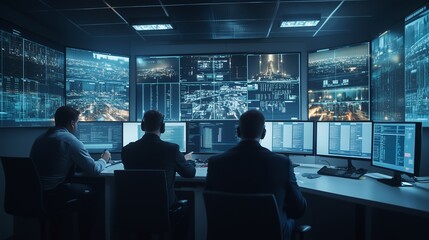 Fototapeta premium Security guards monitor advanced CCTV in a high-tech room, ensuring safety with focused vigilance.