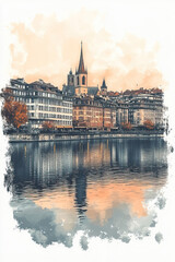 Fototapeta premium Geneva, color pen pencil hand-drawn effect drawing illustration for travel poster, card, wallpaper, backdrop or banner. Modern, clear, artistic and simple