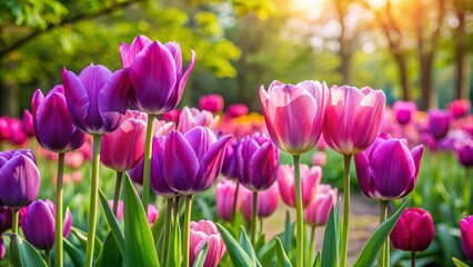 Obraz premium In a picturesque garden, pink and purple tulips bloom beautifully, showcasing a spectacular springtime floral display