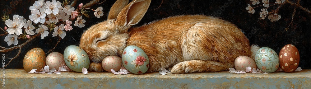 Wall mural serene rabbit among colorful easter eggs