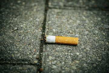 Close-up of a burnt cigarette butt lying on rough, textured pavement. The image highlights the environmental impact of littering and smoking, focusing in detail on the discarded item.