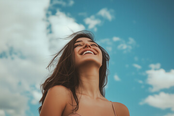 woman, smiling, low angle, blue, sky, flowing, hair, sunny, breeze, bright, radiant, carefree, young, portrait, natural, beauty, background, positive, closeup, face, wind, sunshine, freedom, confidenc