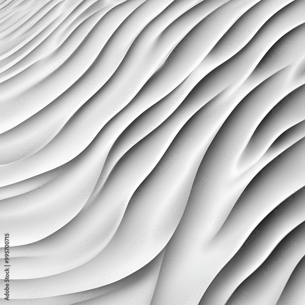 Poster An abstract 3D rendering of smooth, layered white waves, creating a flowing texture with a sense of depth and movement. The light and shadow effects emphasize the gentle curves and elegant design.