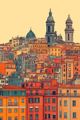 Fototapeta premium Genoa, Italy, color pen pencil hand-drawn effect drawing illustration for travel poster, card, wallpaper, backdrop or banner. Modern, clear, artistic and simple