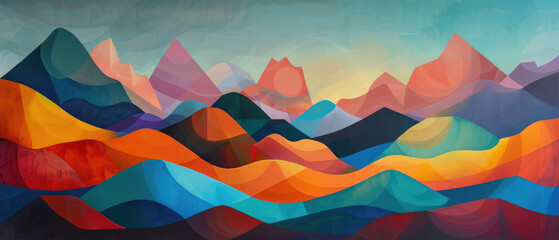 colorful mountains and hills of organic shapes expansive natural landscape paintings religious art combined with dark orange and sky blue geometric shapes