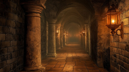 A dimly lit, atmospheric corridor, possibly within a castle or ancient structure. Stone pillars flank the pathway, with torches mounted on them emitting a warm, orange glow.