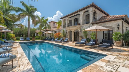 Fototapeta premium Relaxing Poolside View With Loungers and Umbrellas in a Lush Garden Setting