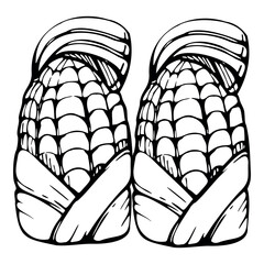 Mesoamerica symbol, maize corn crop figurine, Aztec inca carved sculpture, ancient stylized pictograph. Hand drawn ink vector illustration. Single isolated element. Design travel, vacation, brochure
