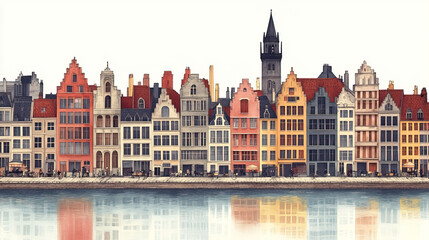 Obraz premium Ghent, Belgium, color pen pencil hand-drawn effect drawing illustration for travel poster, card, wallpaper, backdrop or banner. Modern, clear, artistic and simple