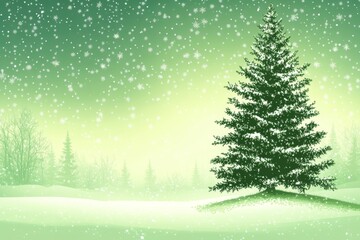 Obraz premium Winter snow covered evergreen tree standing in a serene softly glowing green landscape with snowfall and white dusted branches creating a peaceful seasonal atmosphere of tranquility